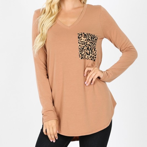 Tops - LONG SLEEVE V-NECK LEOPARD PRINT POCKET TOP